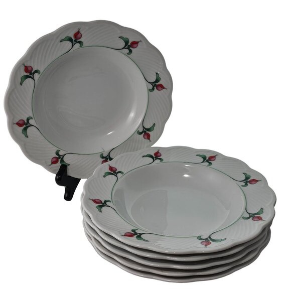 Dansk Rosebud Soup Bowls 9" scallop textured large rim floral romantic set/6